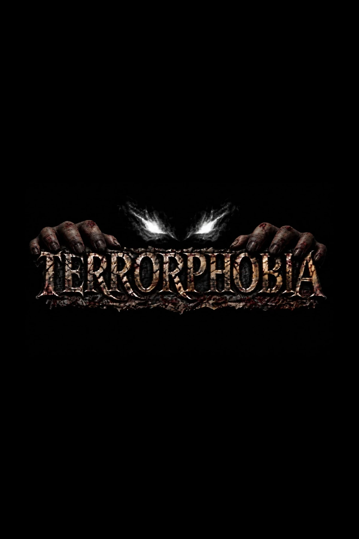 TERRORPHOBIA von Carsten Mayer — Buchcover: der Schriftzug TERRORPHOBIA, von blutigen Händen gehalten, darüber zwei leuchtende Augen auf Schwarz